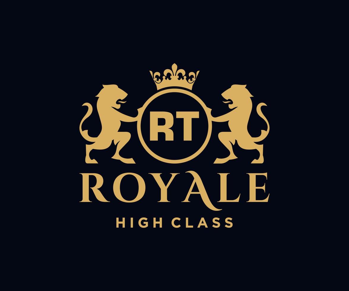 Golden Letter RT template logo Luxury gold letter with crown. Monogram alphabet . Beautiful royal initials letter. vector