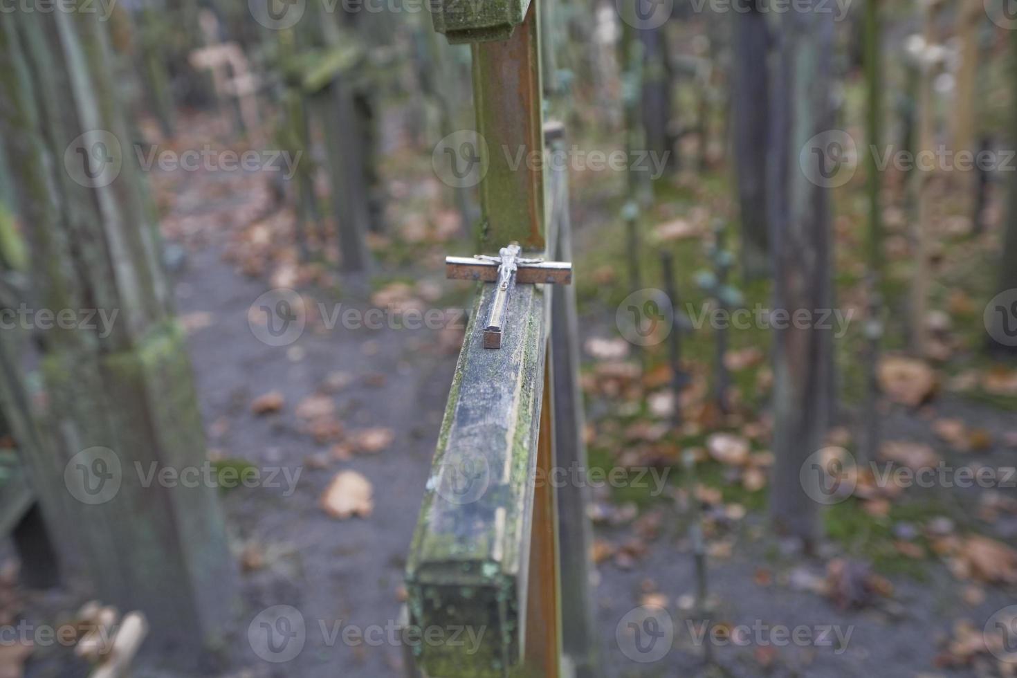 wooden Christian orthodox crosses on Mount Garbarka in Poland in autumn photo