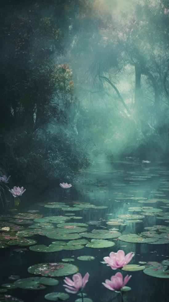 un lago de agua lirios con arboles en uno lado, en el estilo de ligero Esmeralda y rosa, generar ai foto