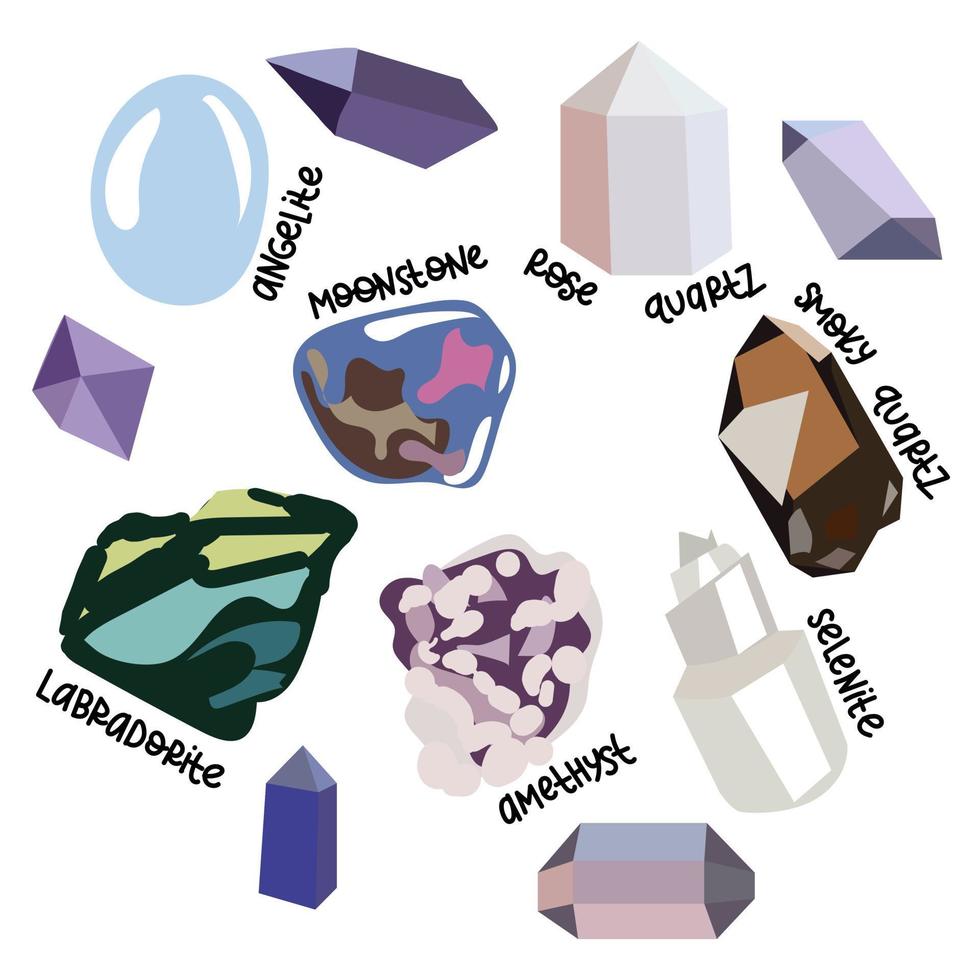 un conjunto de piedras para dormido ahumado y Rosa cuarcita, selenita, labradorita, angelita, amatista, piedra de la luna con firmas fortuna narración, Víspera de Todos los Santos. natural elementos y minerales con cristales vector