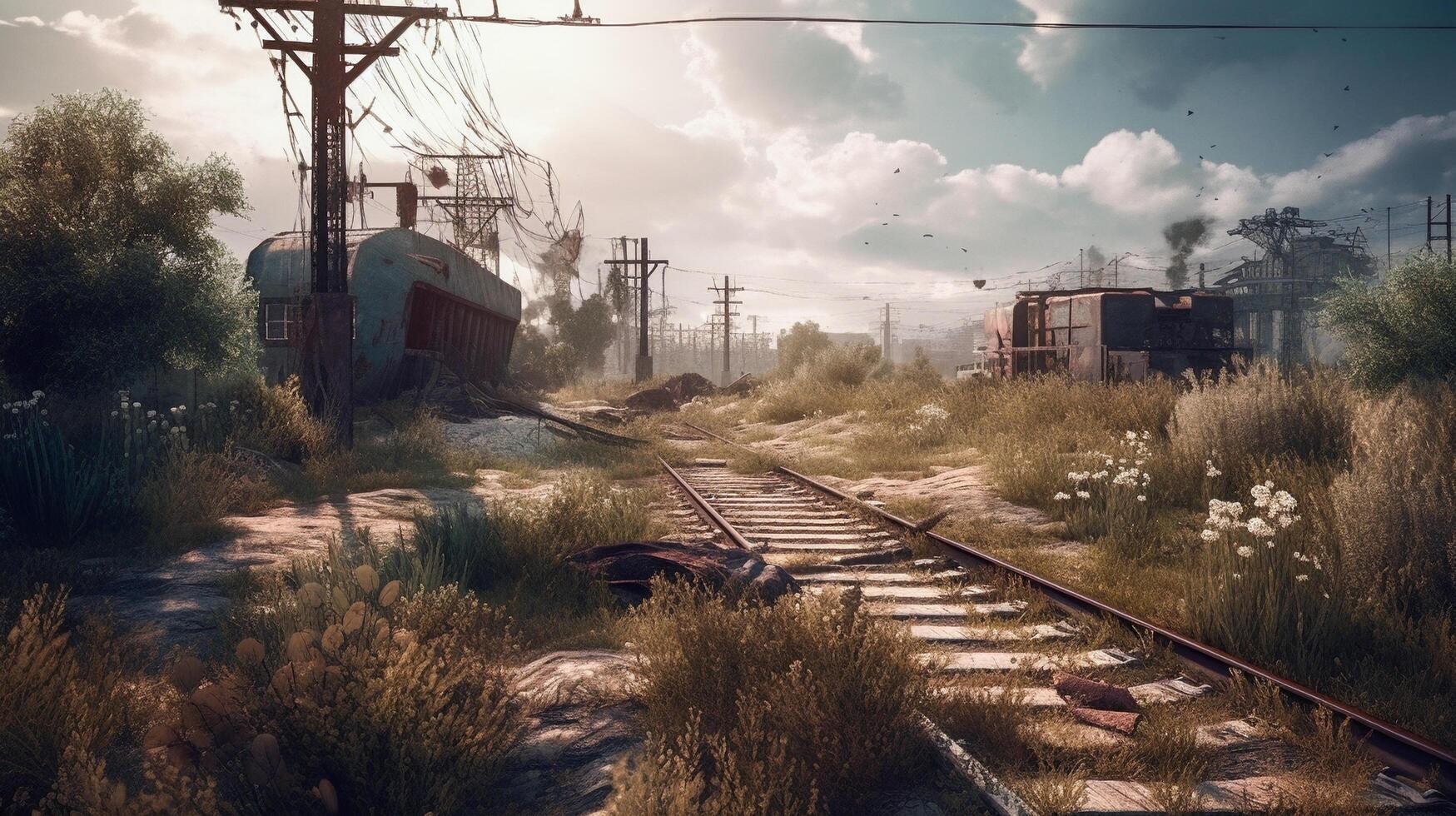 Post-apocalyptic ruined city. Destroyed buildings, burnt-out vehicles and ruined roads. photo