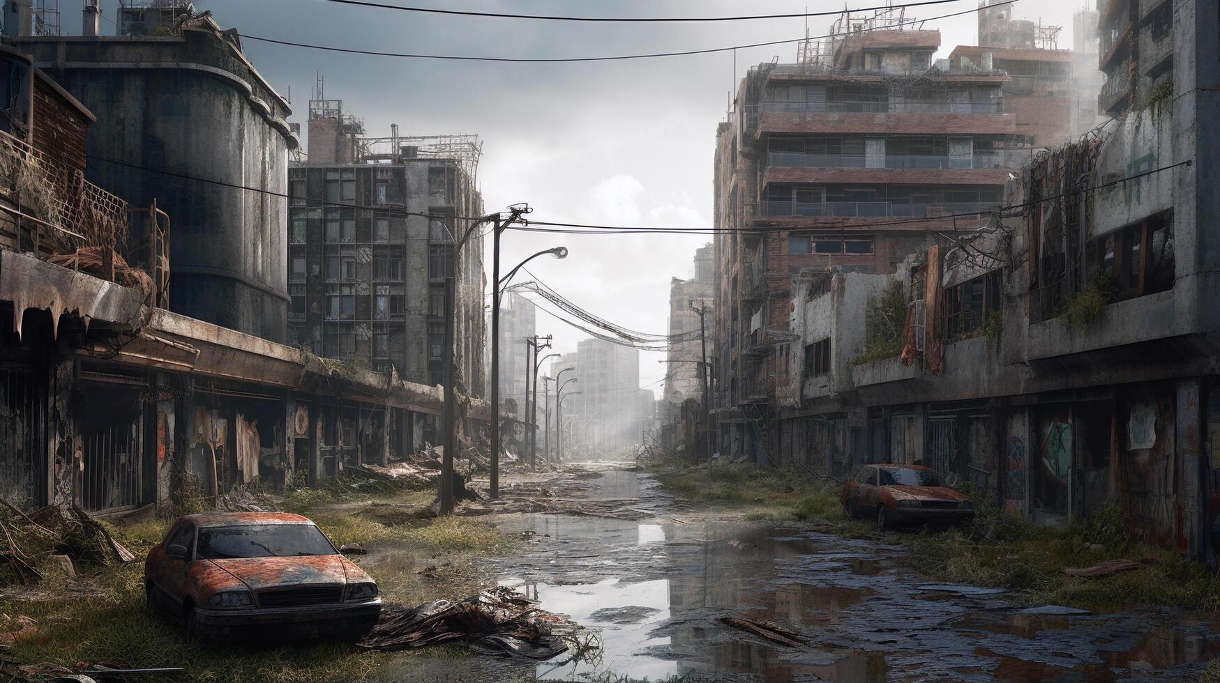 Post-apocalyptic ruined city. Destroyed buildings, burnt-out vehicles and ruined roads. photo