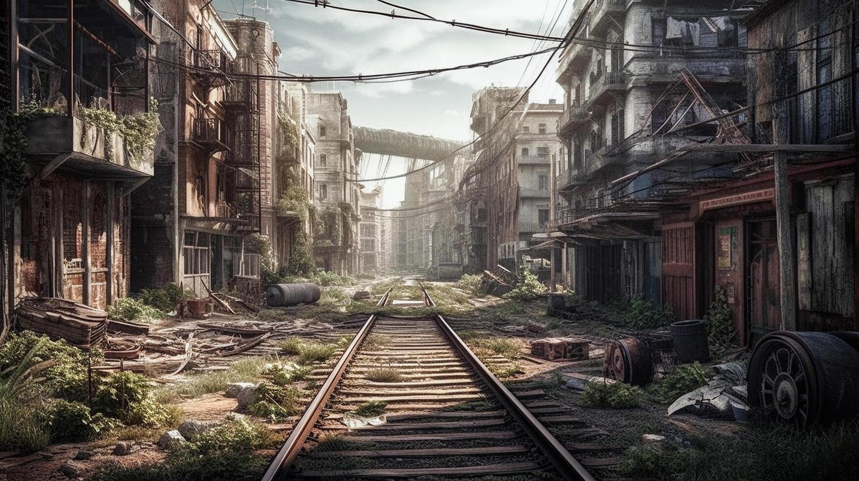 Post-apocalyptic ruined city. Destroyed buildings, burnt-out vehicles and ruined roads. photo