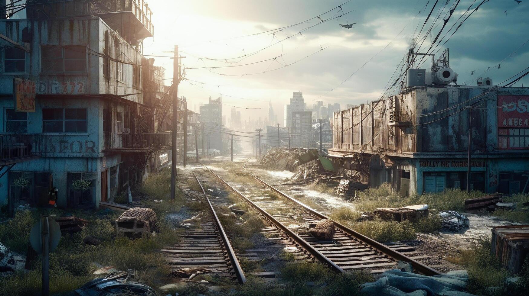 Post-apocalyptic ruined city. Destroyed buildings, burnt-out vehicles and ruined roads. photo