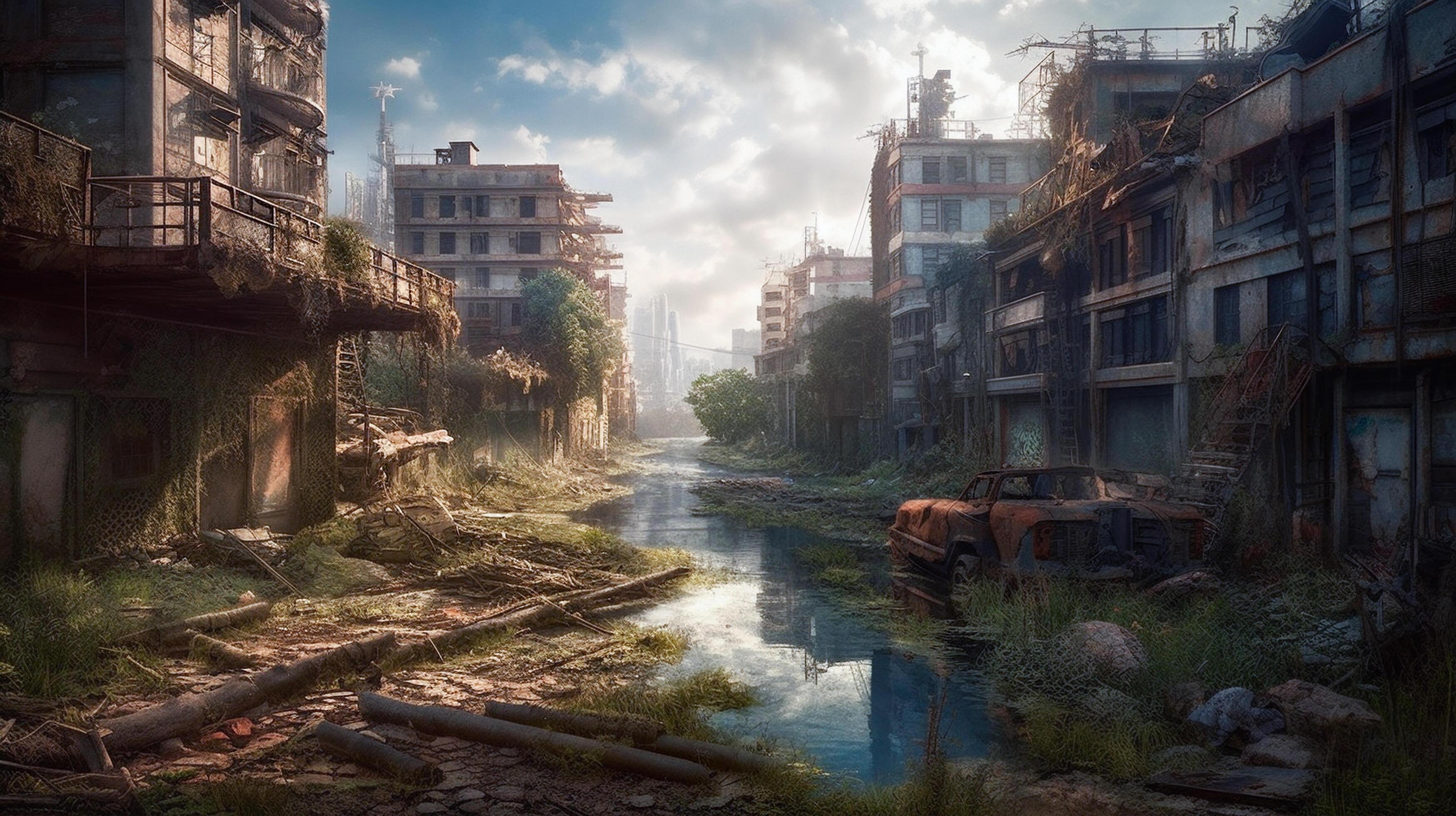Postapocalyptic ruined city. Destroyed buildings, burntout vehicles
