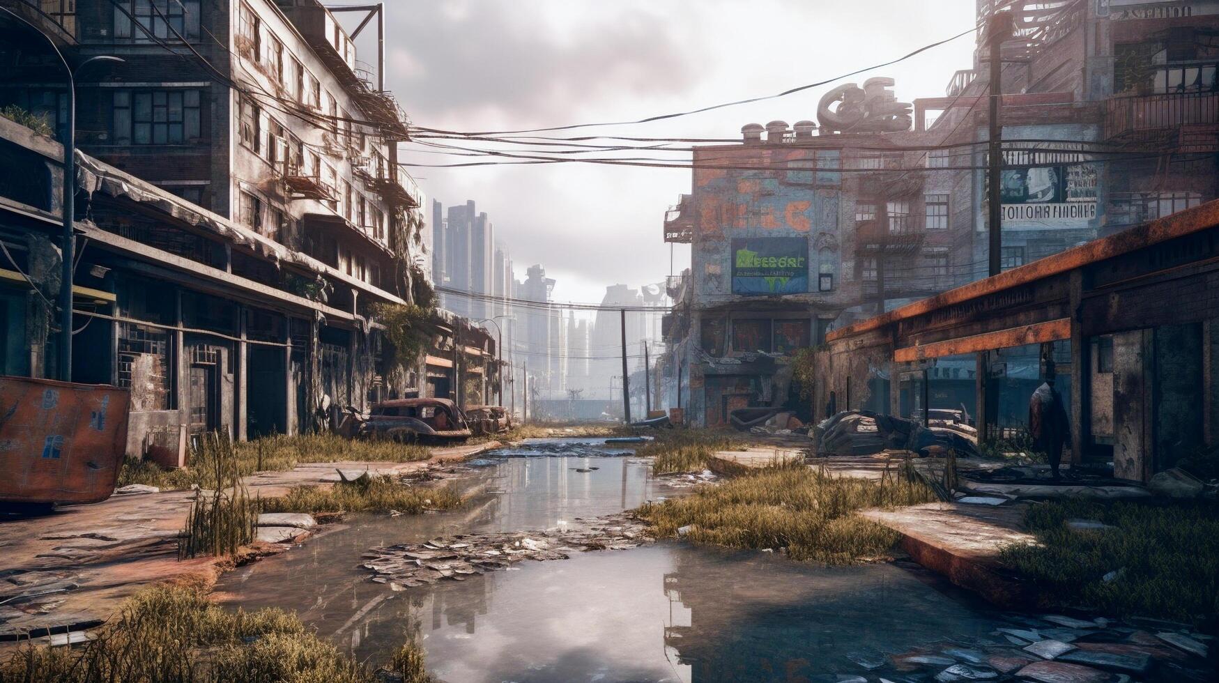 Post-apocalyptic ruined city. Destroyed buildings, burnt-out vehicles and ruined roads. photo