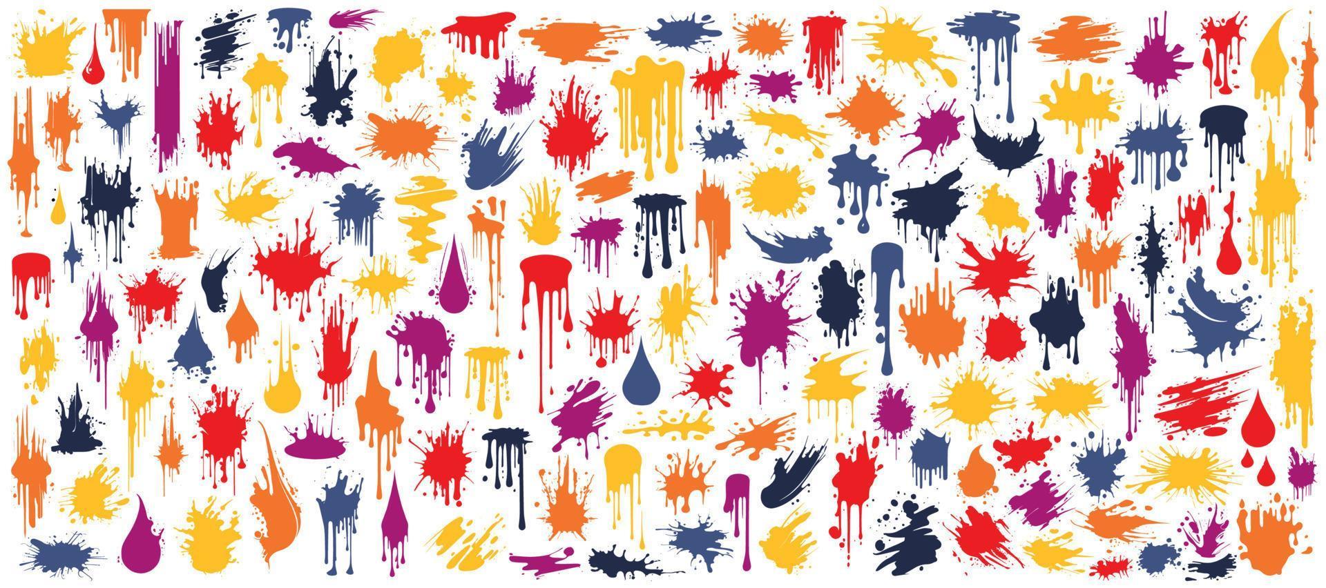 Mega Set of colorful vector brushes, various brush strokes. Colored paint splatters, smudges, freehand circles, grungy drawn lines, waves, circles, triangles, art design elements