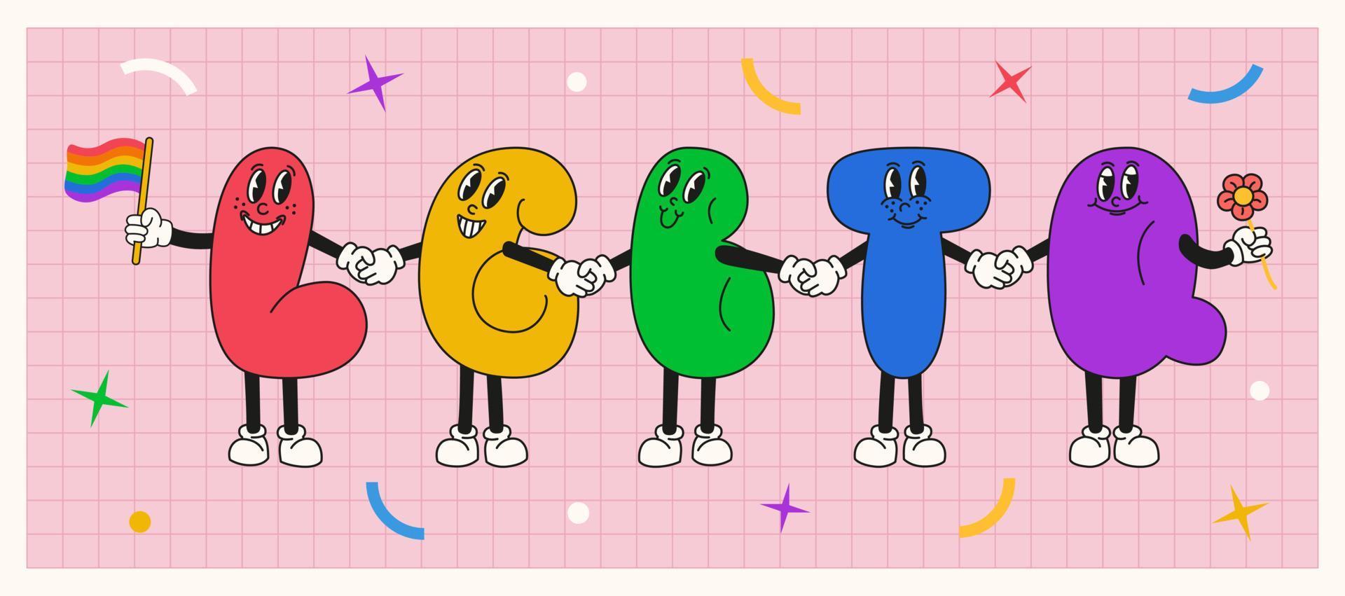 Lgbtq pride month day festival banner with retro cartoon characters. Good for landing page, greeting card, placard, flyer or poster. vector