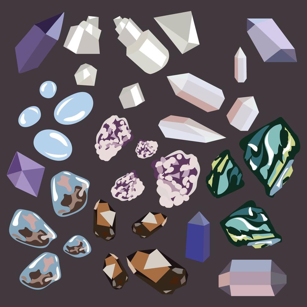 A set of stones for sleeping smoky and rose quartzite, selenite, labradorite, angelite, amethyst, moonstone in several different turns. Fortune telling, Halloween. Natural elements and minerals vector
