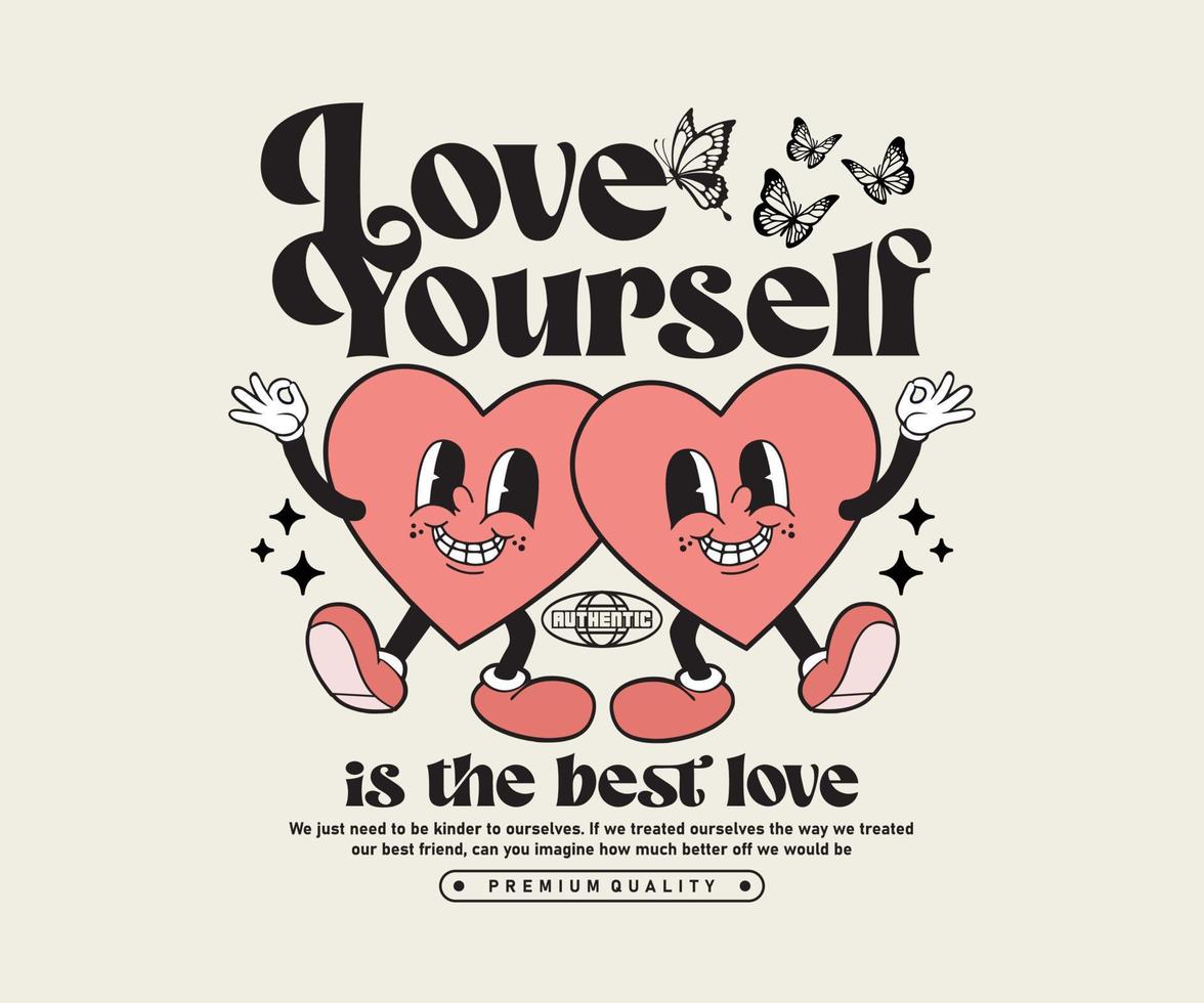 Retro cute cartoon couple heart character illustration,vector art. print with motivational slogan for graphic tee t shirt, street wear,  or poster sticker - Vector