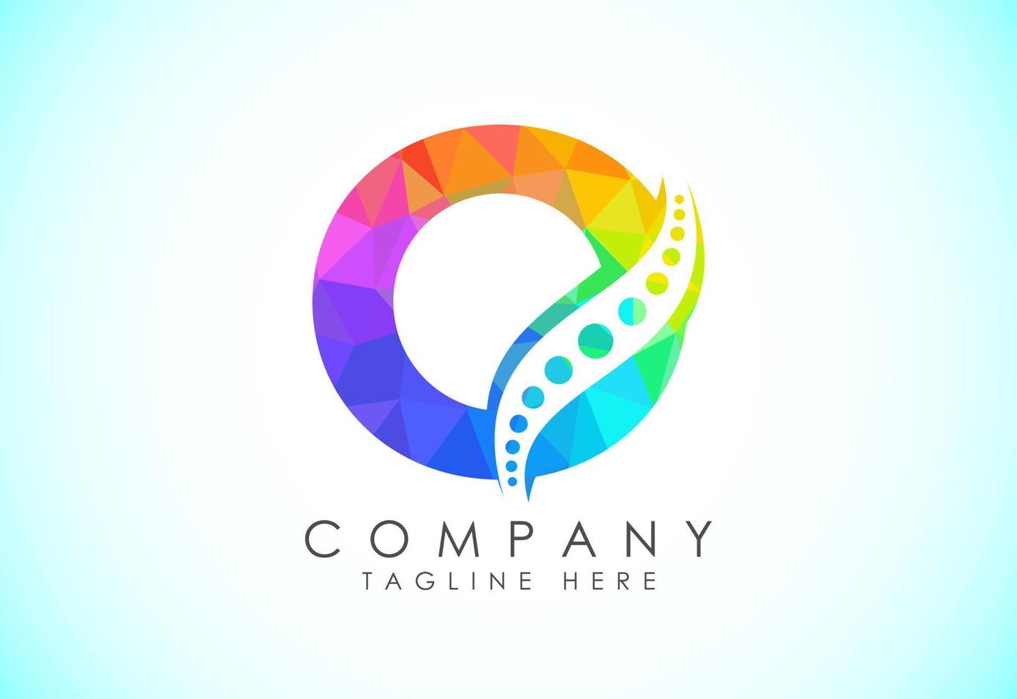 Polygonal O alphabet with chiropractic spine logo. Low poly style spinal care icon for business and company identity. vector