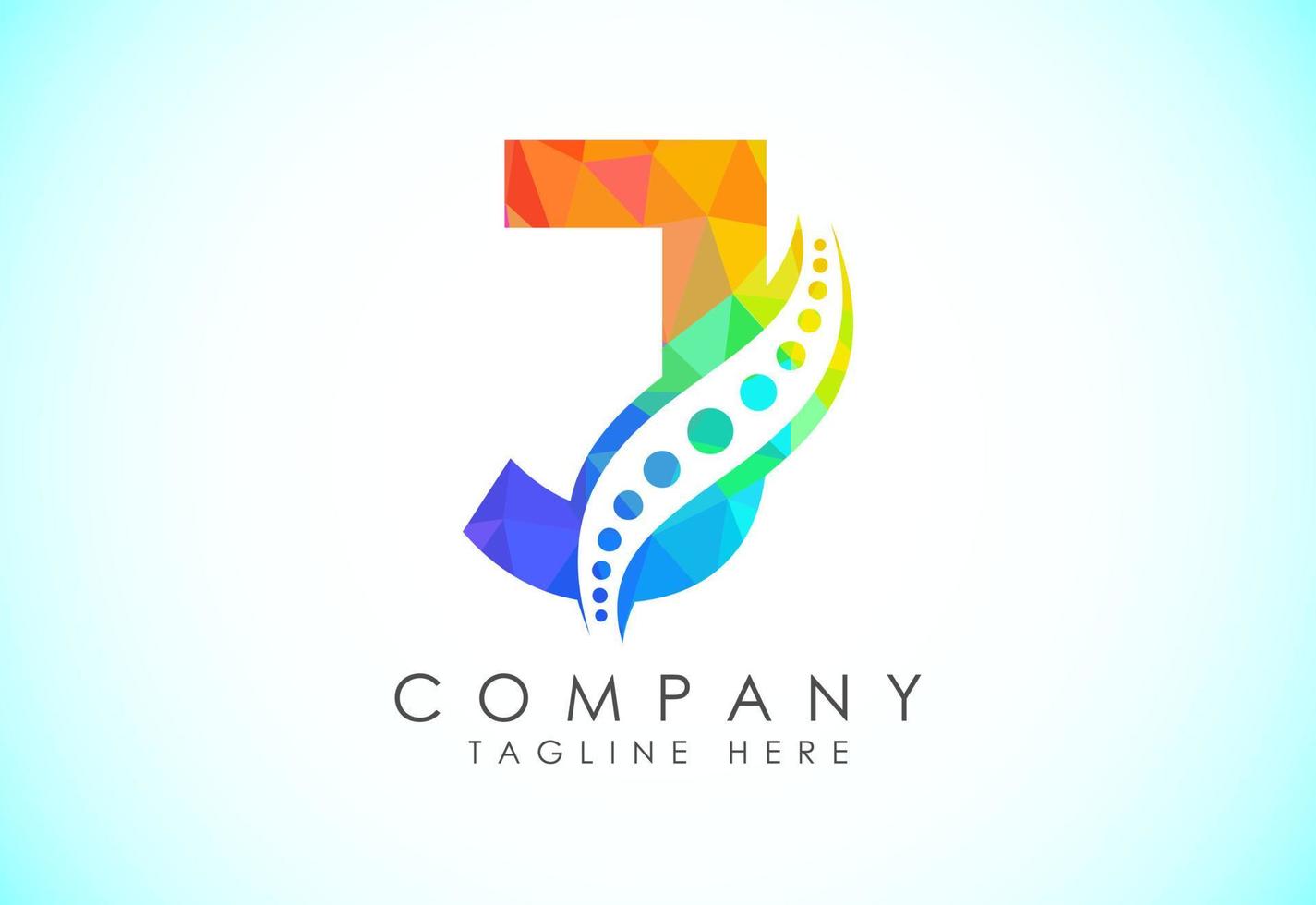 Polygonal J alphabet with chiropractic spine logo. Low poly style spinal care icon for business and company identity. vector