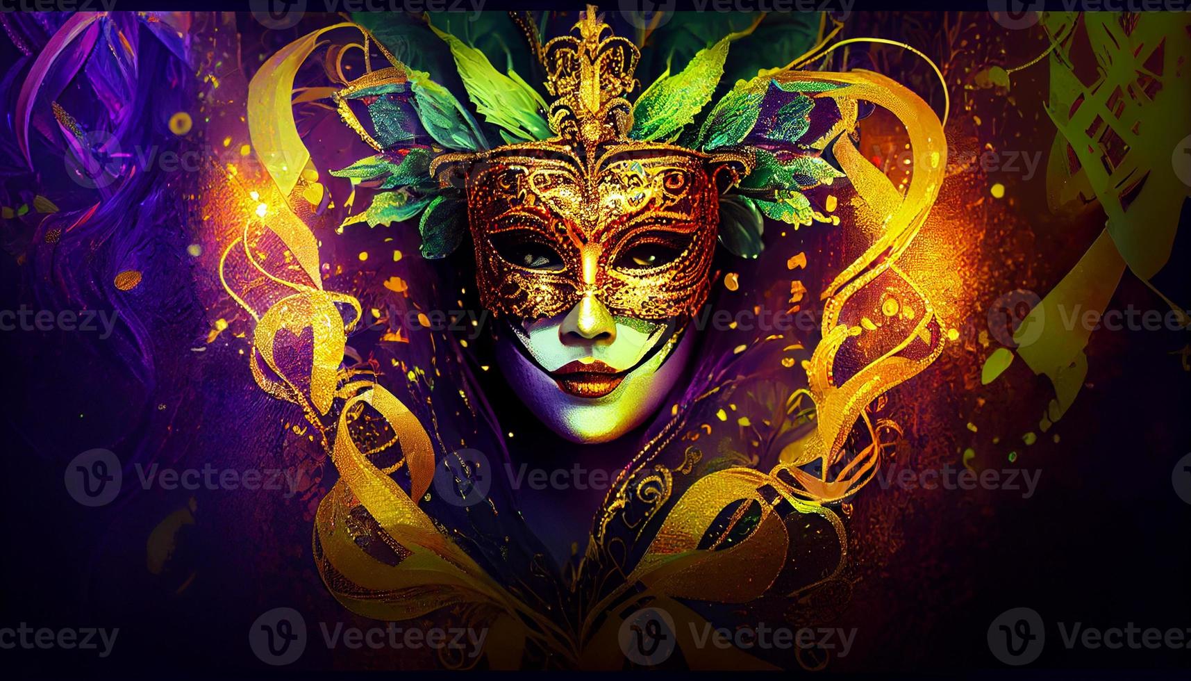 Carnival banner mardi gras woman smiling with venetian mask night lights copy space. Generate Ai. photo