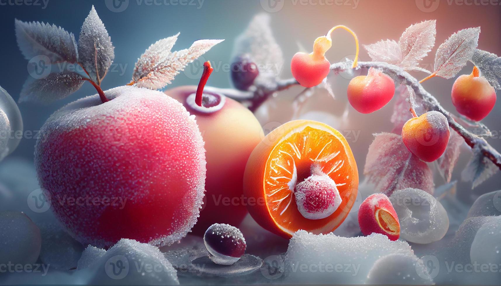 escarchado Fruta lleno fondo de pantalla, pantalla ancha formato. generar ai. foto