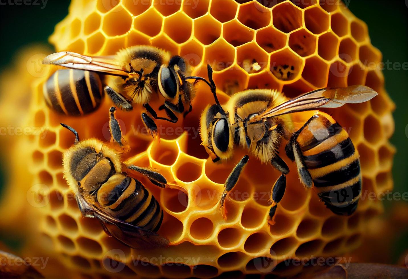 A group of bee on the honeycomb producing honey. Generate Ai. photo