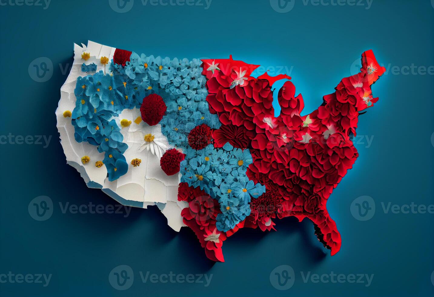 USA map made with flowers - blue, white, red background . Generate Ai. photo