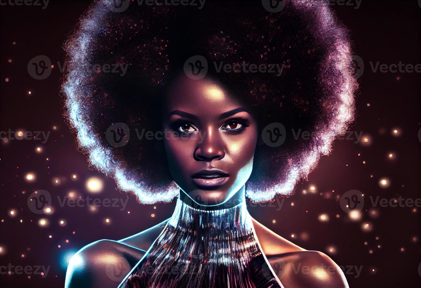 Elegant and fashionable black woman with afro hair in disco club. Generate Ai. photo