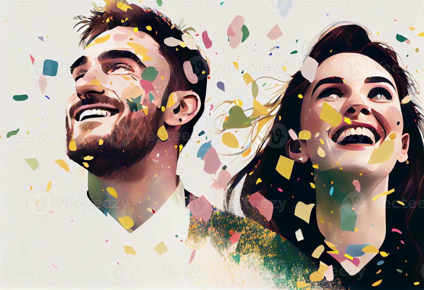 Illustration of a couple smiling as confetti falls on them against a colored background. Generate Ai. photo