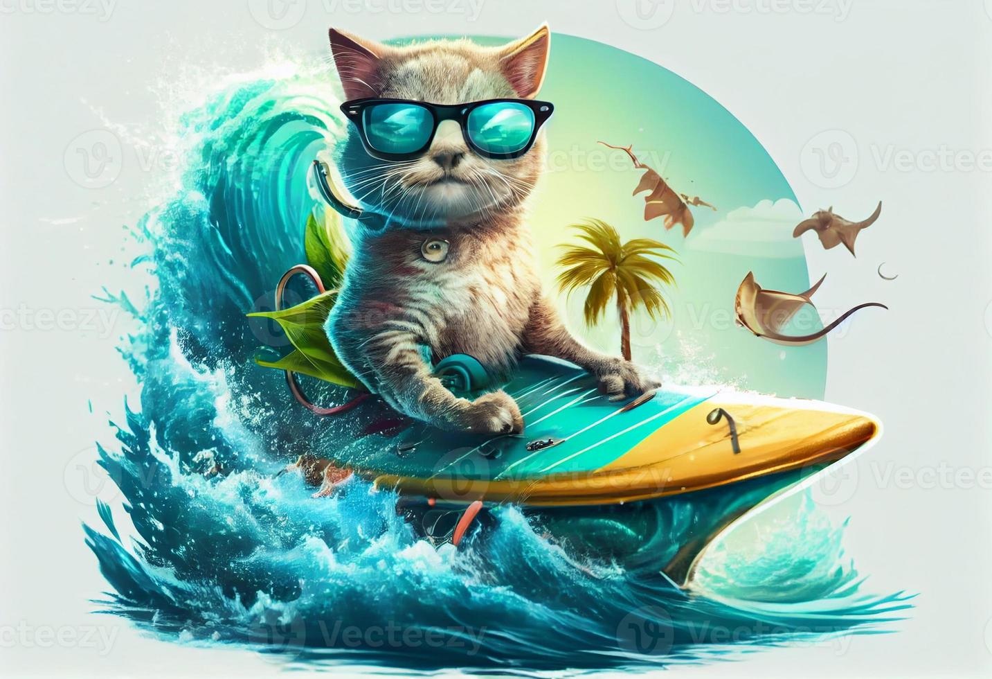 Funny cat in sunglasses rides a surfboard on the ocean waves. Summer vacation concept. Generate Ai. photo
