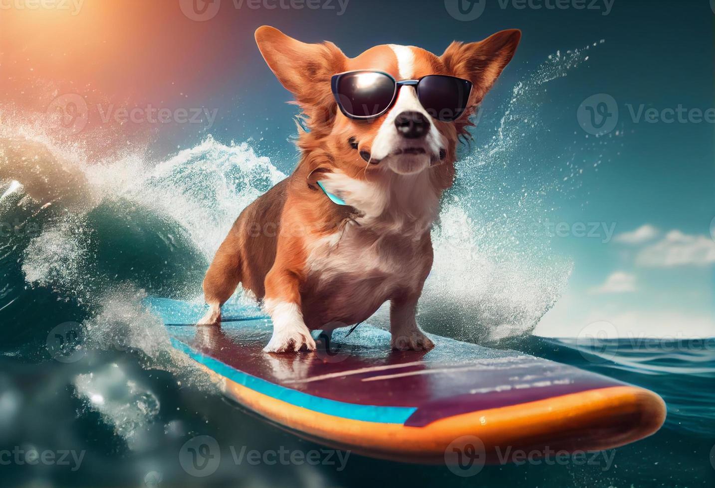 Funny dog in sunglasses rides a surfboard on the ocean waves. Summer vacation concept. Generate Ai. photo