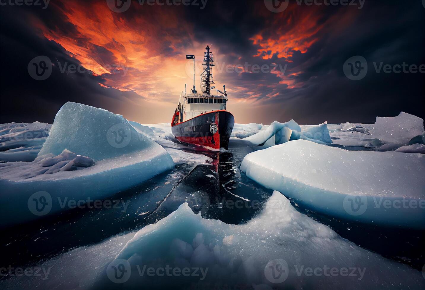 Icebreaker breaks ice hummocks and ice floes in the Arctic Ocean. Generate Ai. photo