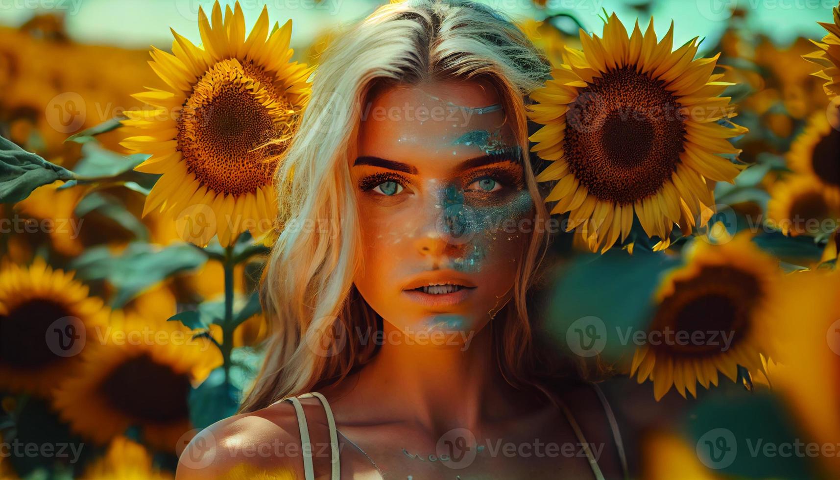 goddess, caucasian woman in sunflowers field, seasonal agriculture. Generate Ai. photo