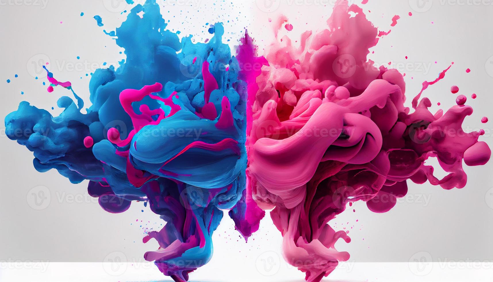 Blue and pink colorful paints that blend together on white background. Generate Ai. photo