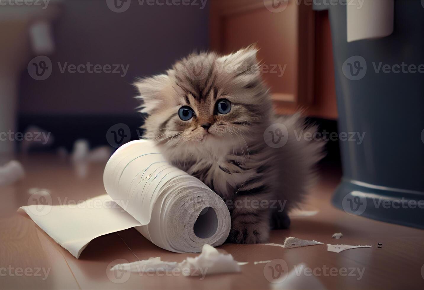 Cute kitten in the bathroom tore a pile of toilet paper on the floor. Generate Ai. photo