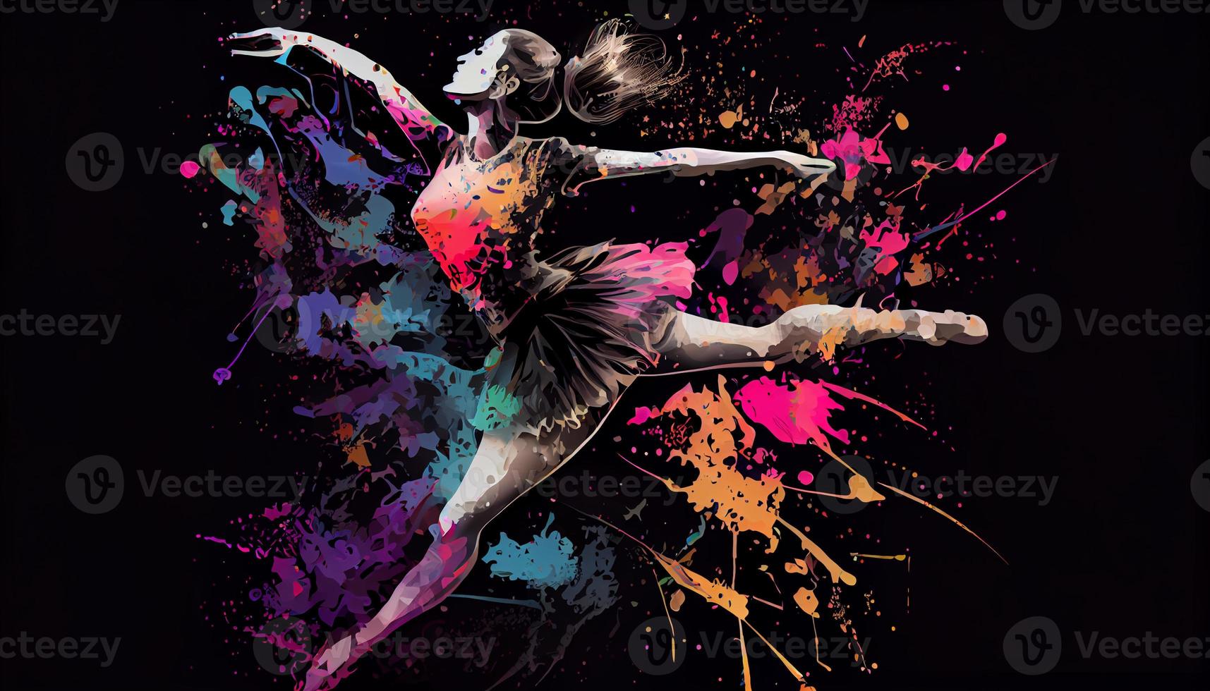 Ballet dancer splash colorful illustration, black background with copy space . Generate Ai. photo