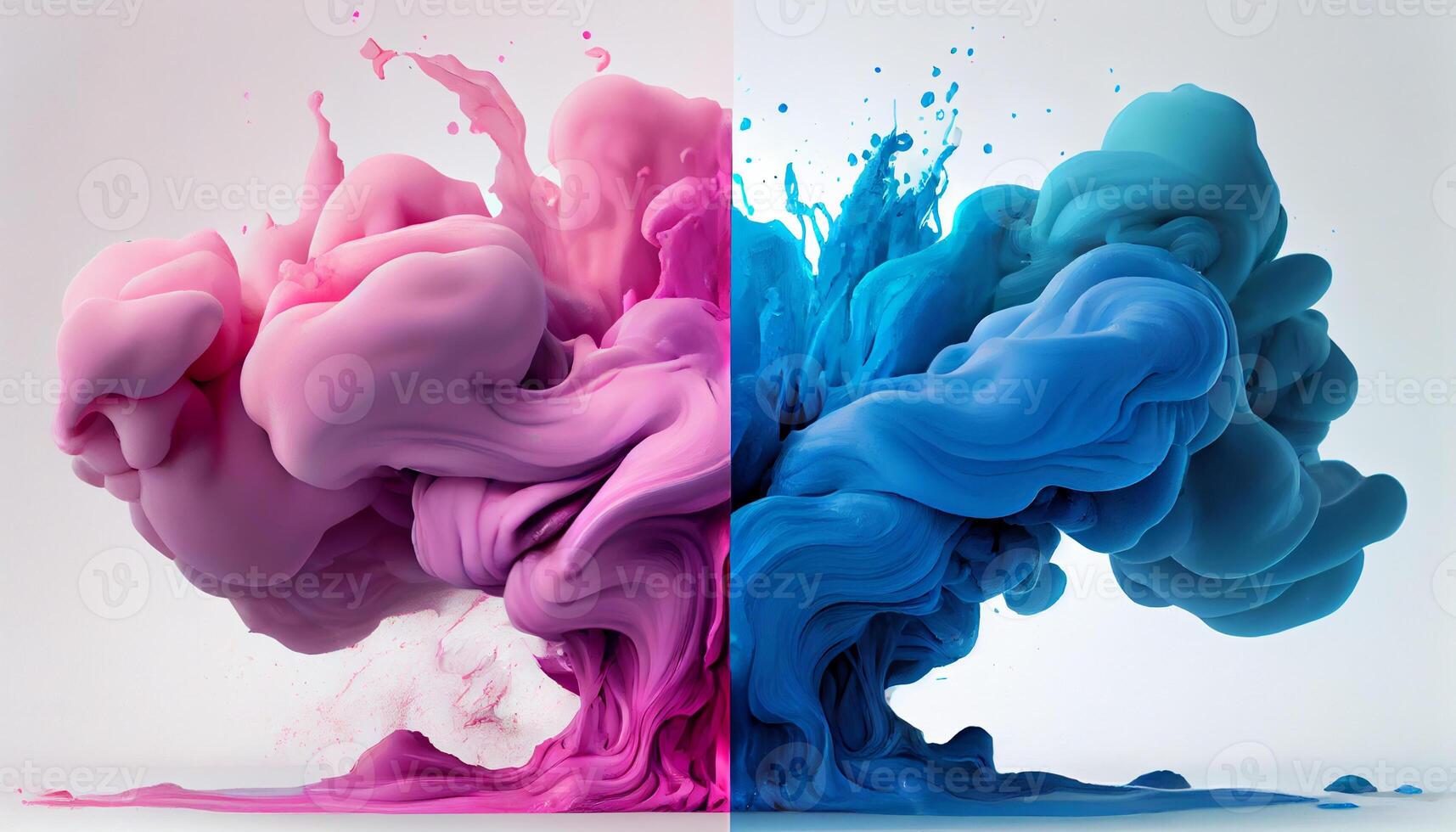 Blue and pink colorful paints that blend together on white background. Generate Ai. photo