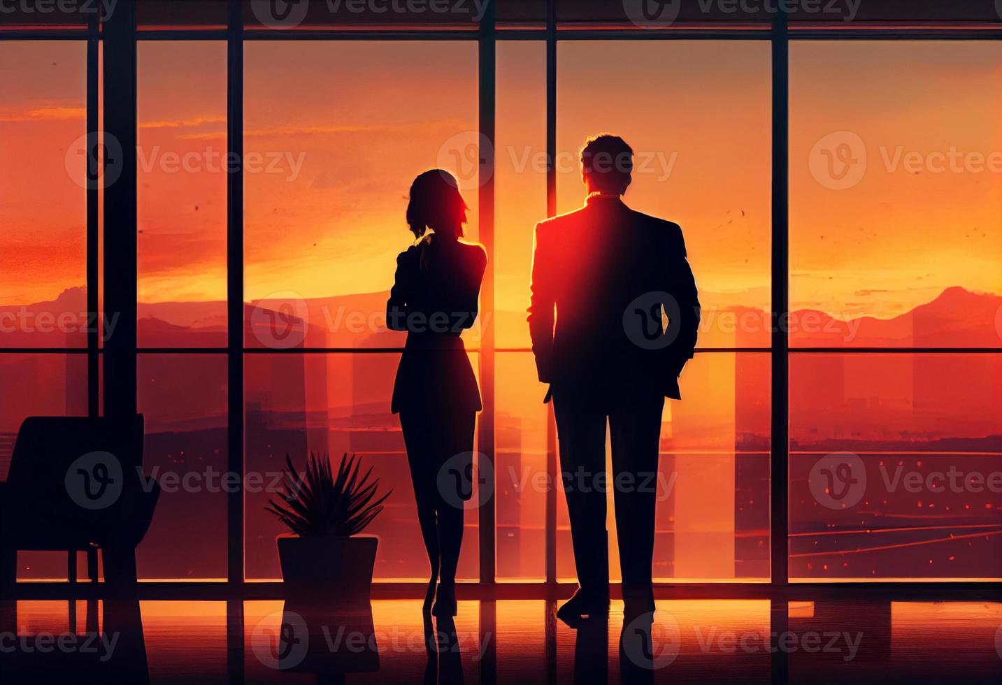 A business executive couple by a large window in the office at sunset taking a break from work. Generate Ai. photo