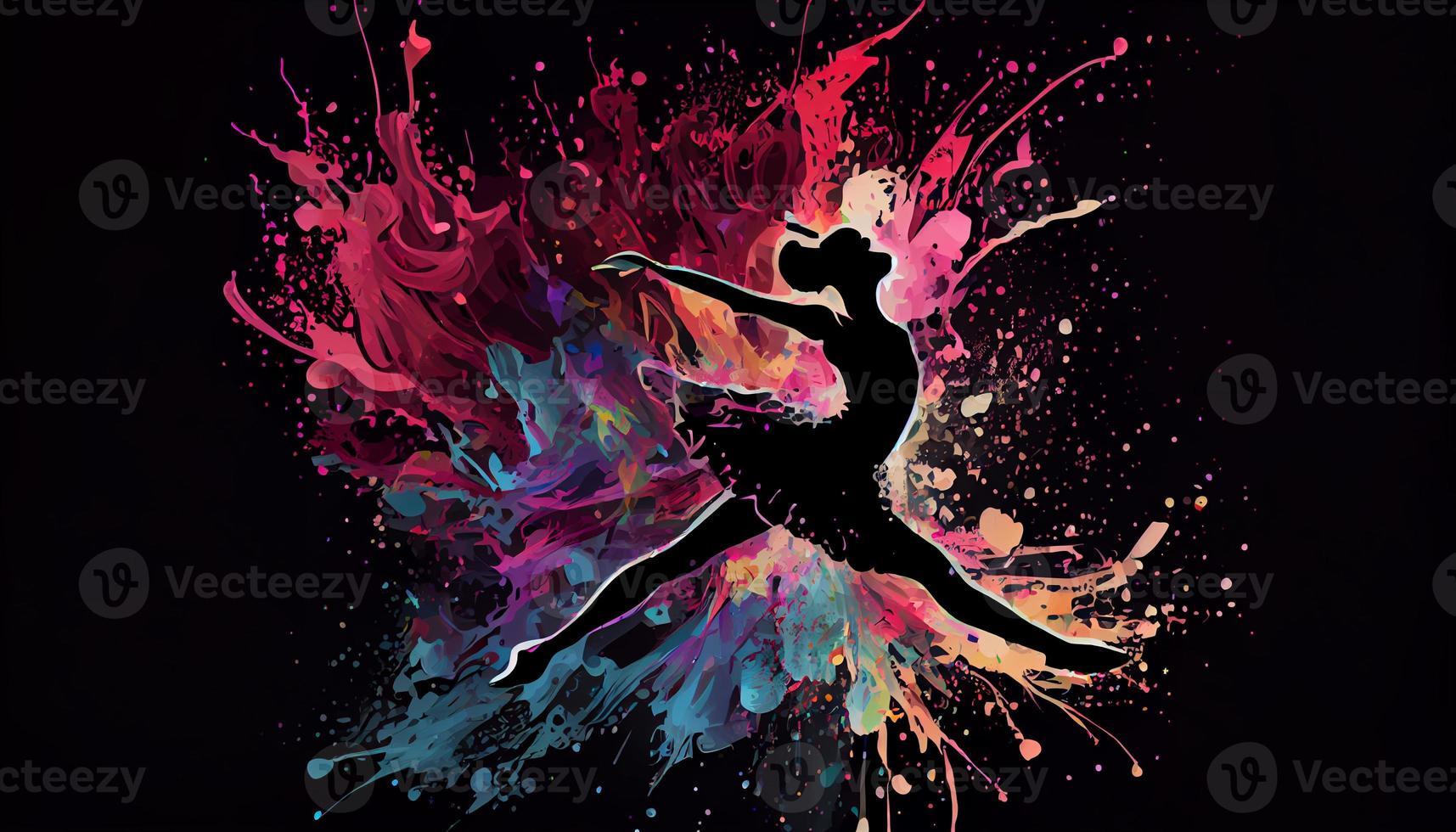 Ballet dancer splash colorful illustration, black background with copy space . Generate Ai. photo