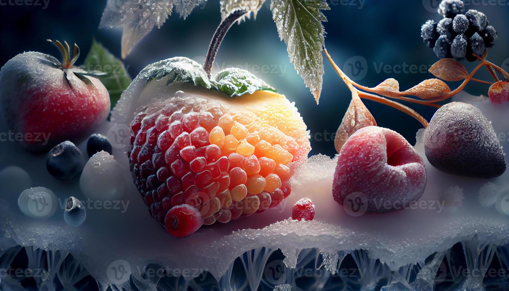 Frosty fruit filled wallpaper, widescreen format. Generate Ai. photo