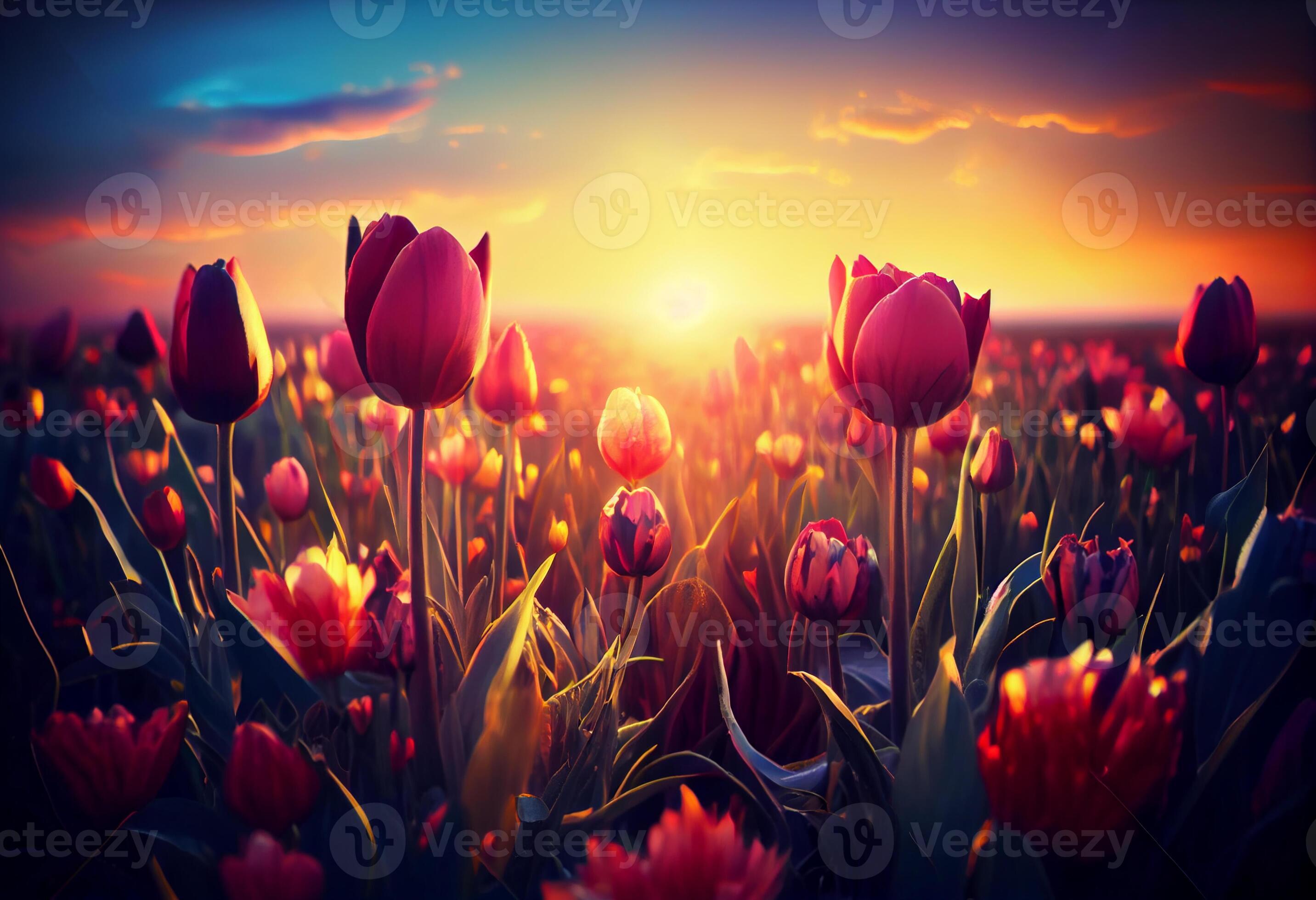 Photo beautiful tulip flowers in grass field with sunset background