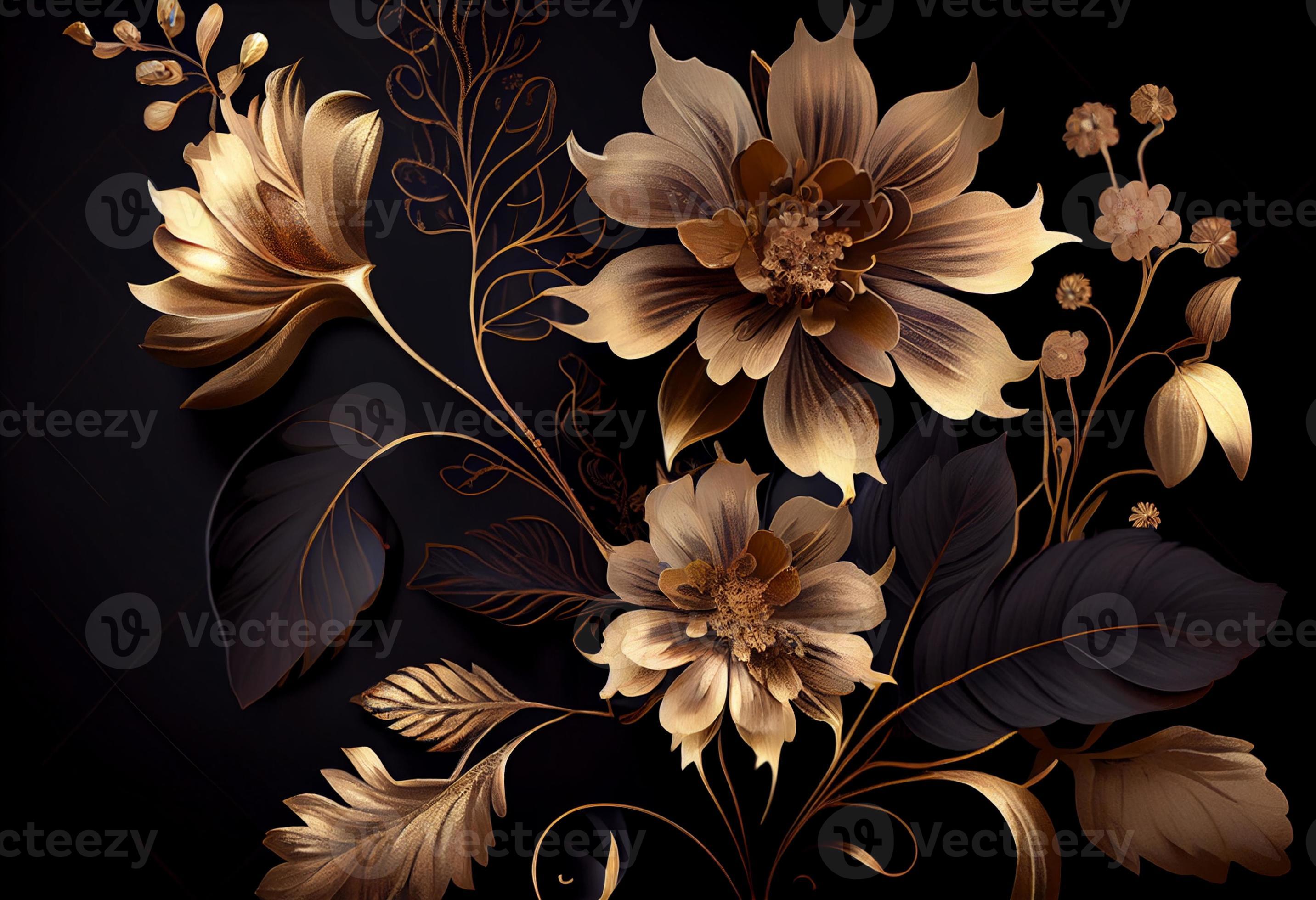 Photo golden flowers on black background elegant floral wallpaper ...