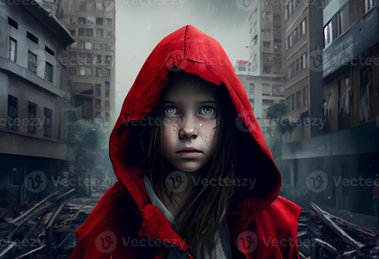 Tale of modern little red riding hood in a city with buildings in rainy weather. Generate Ai photo