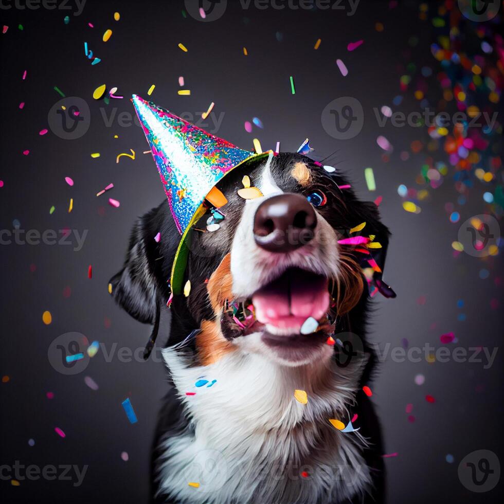 Cute dog with a party hat celebrating her birthday, confetti falling. Generate Ai photo