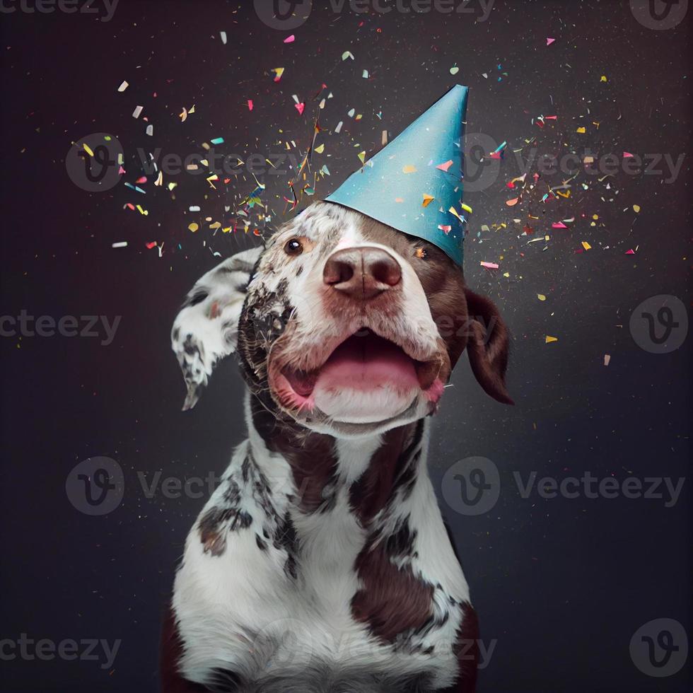Cute dog with a party hat celebrating her birthday, confetti falling. Generate Ai photo