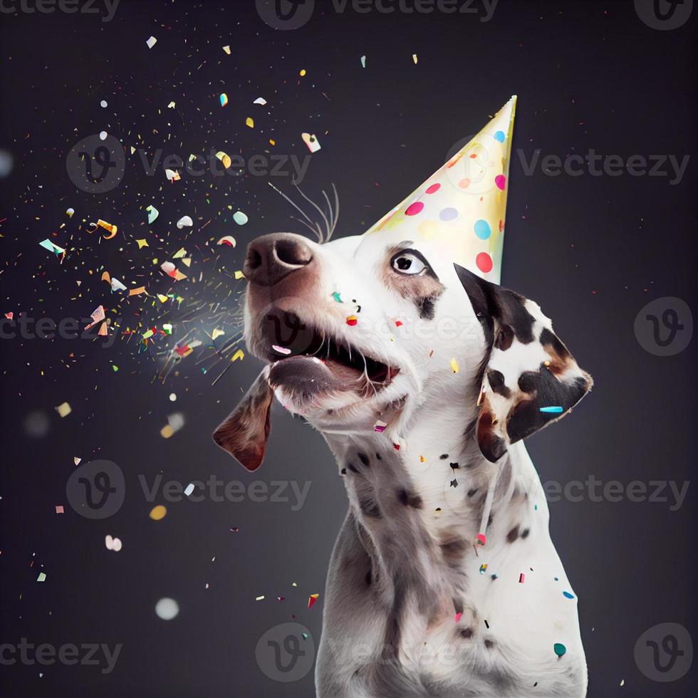 Cute dog with a party hat celebrating her birthday, confetti falling. Generate Ai photo