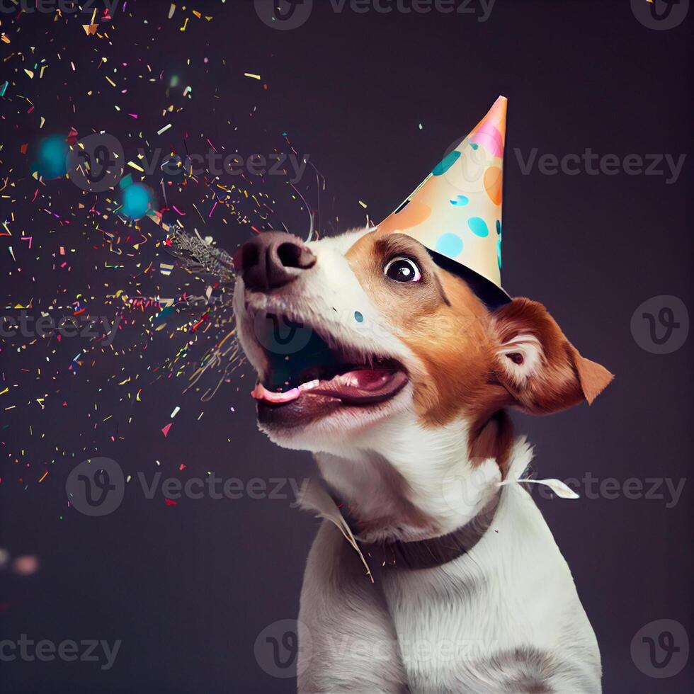 Cute dog with a party hat celebrating her birthday, confetti falling. Generate Ai photo