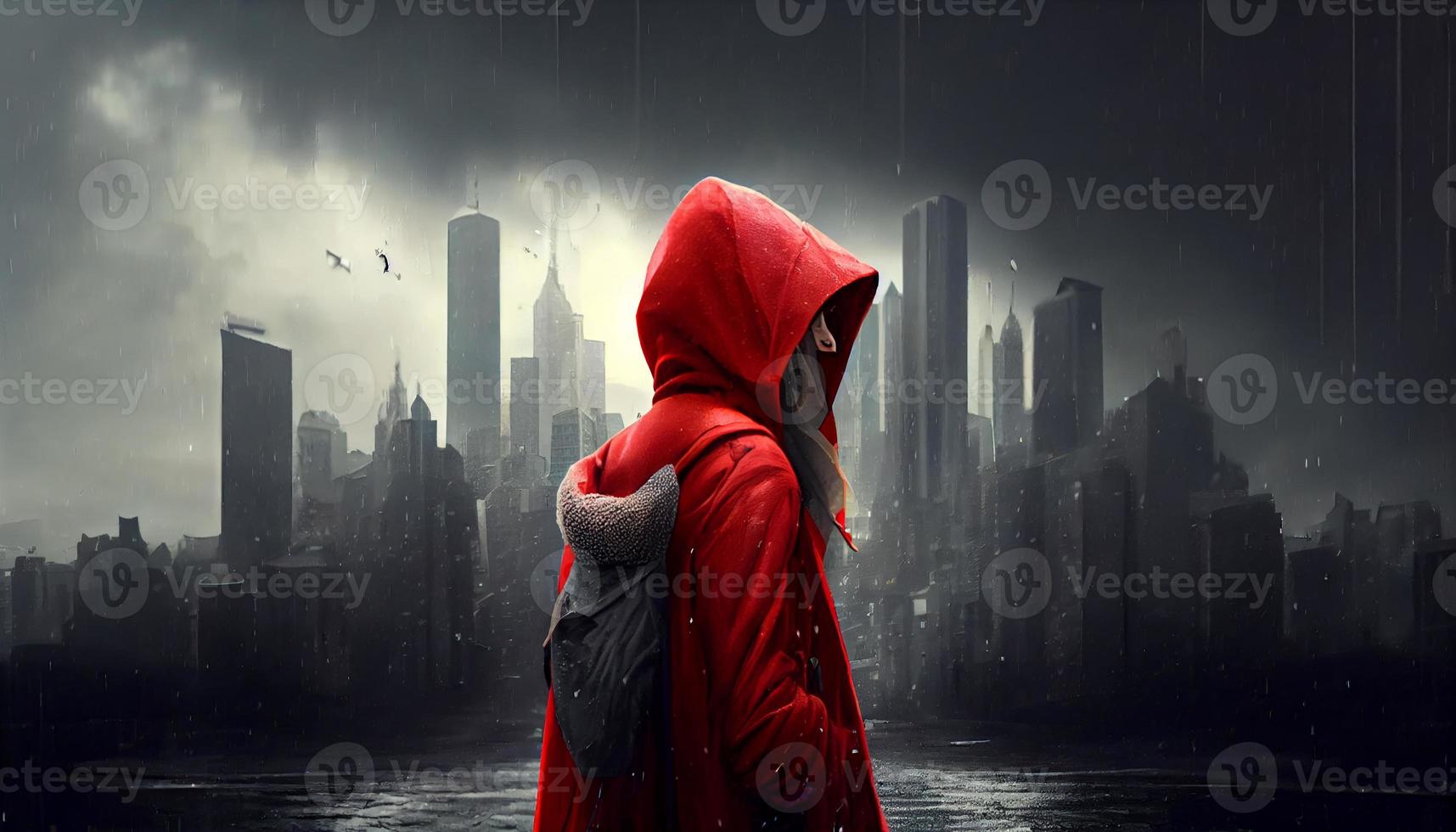 Tale of modern little red riding hood in a city with buildings in rainy weather. Generate Ai photo