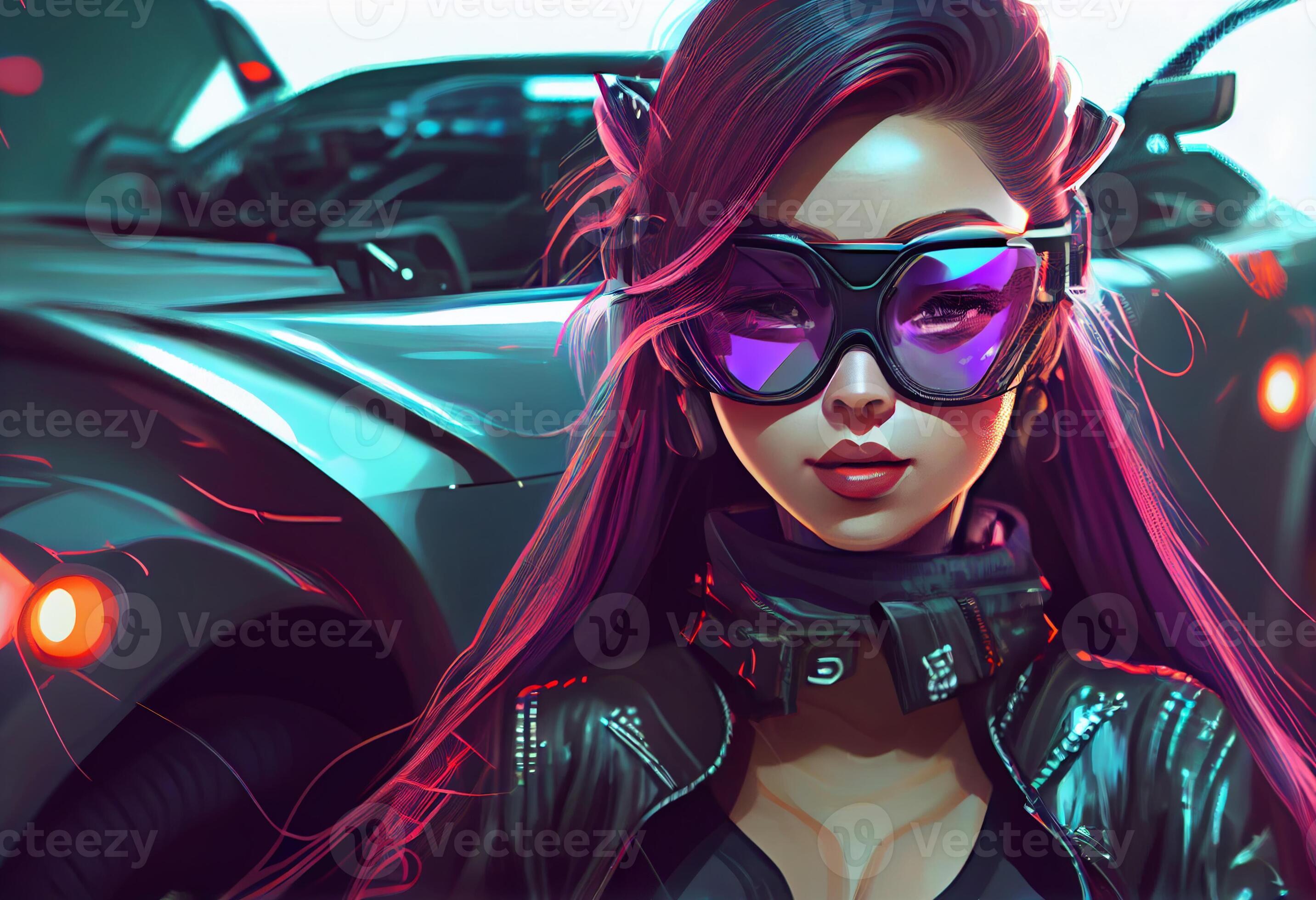 Fashion cyberpunk girl drive a supercar asian woman with future