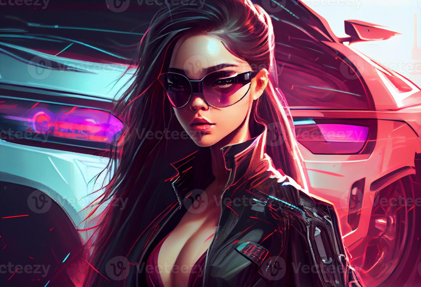 Fashion cyberpunk girl drive a supercar asian woman with future digital glasses, realistic. Generate Ai photo