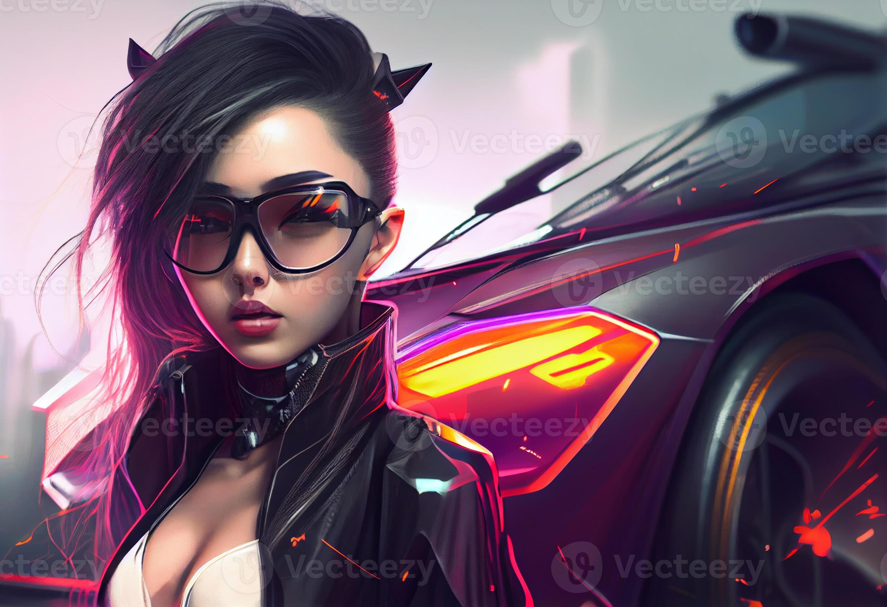 Fashion cyberpunk girl drive a supercar asian woman with future