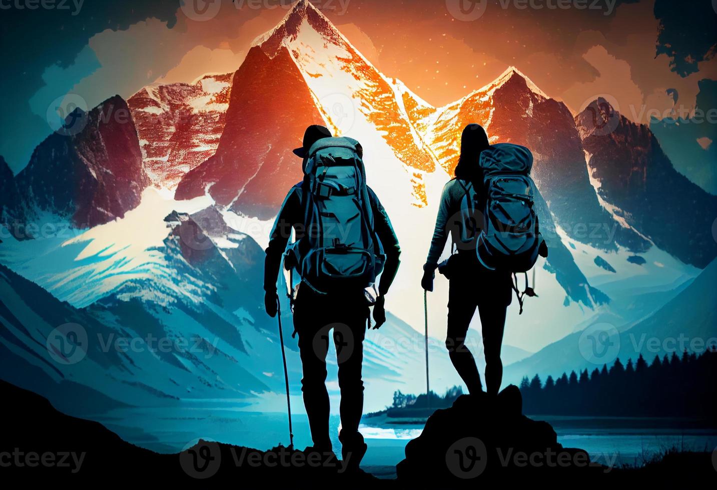 Couple of hikers with backpack. Generate Ai photo