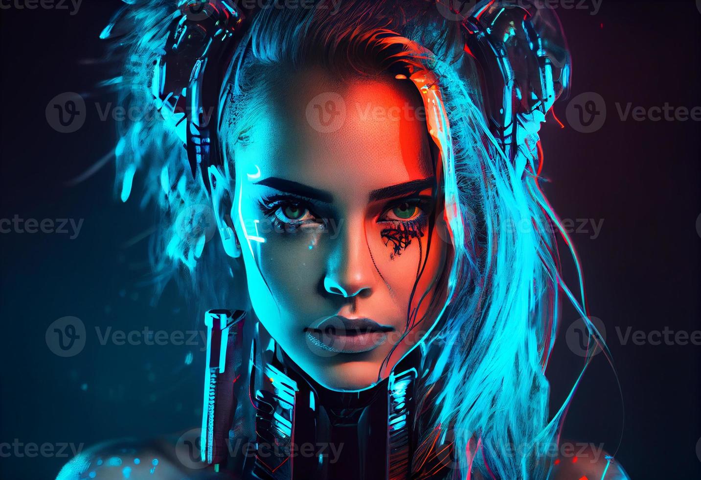 Photo cyberpunk woman portrait futuristic neon style. Generate Ai