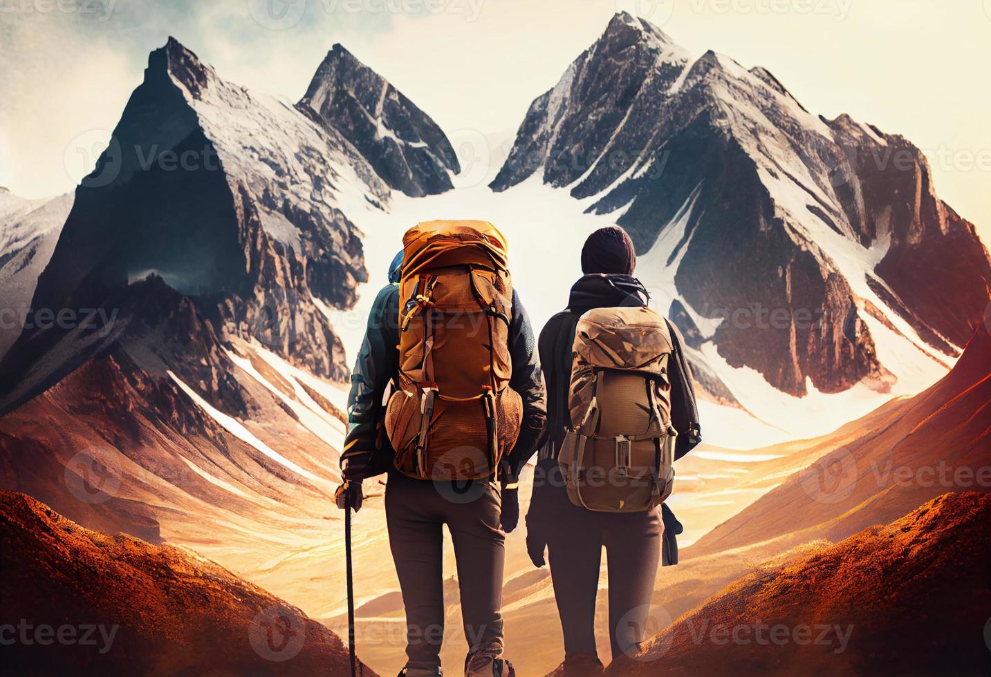 Couple of hikers with backpack. Generate Ai photo