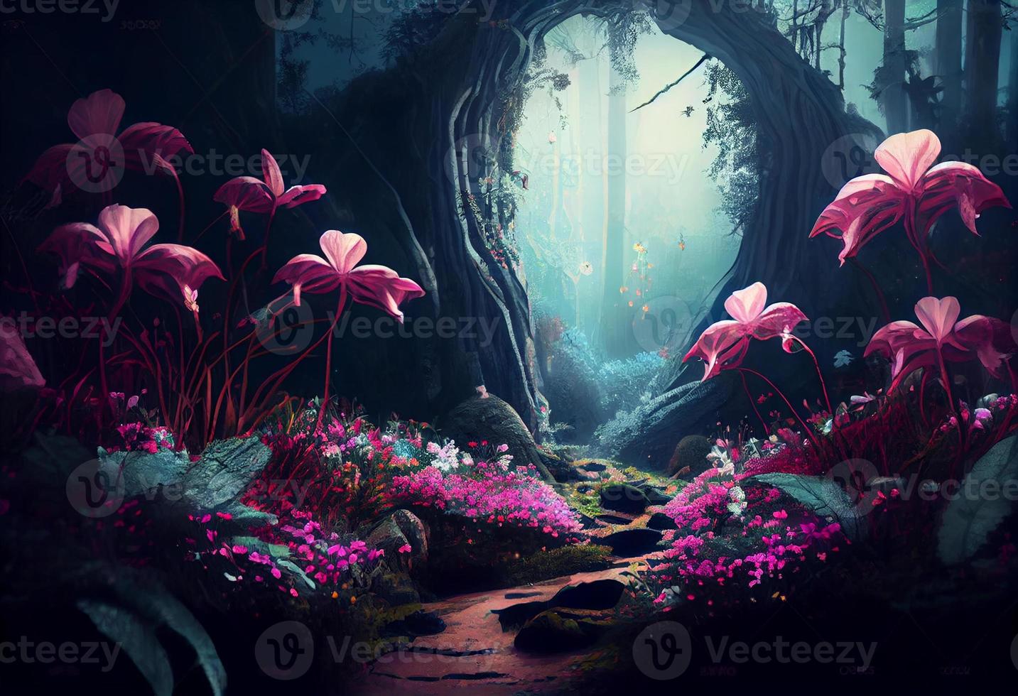 Photo fantasy landscape magical forest background with big flower. Generate Ai