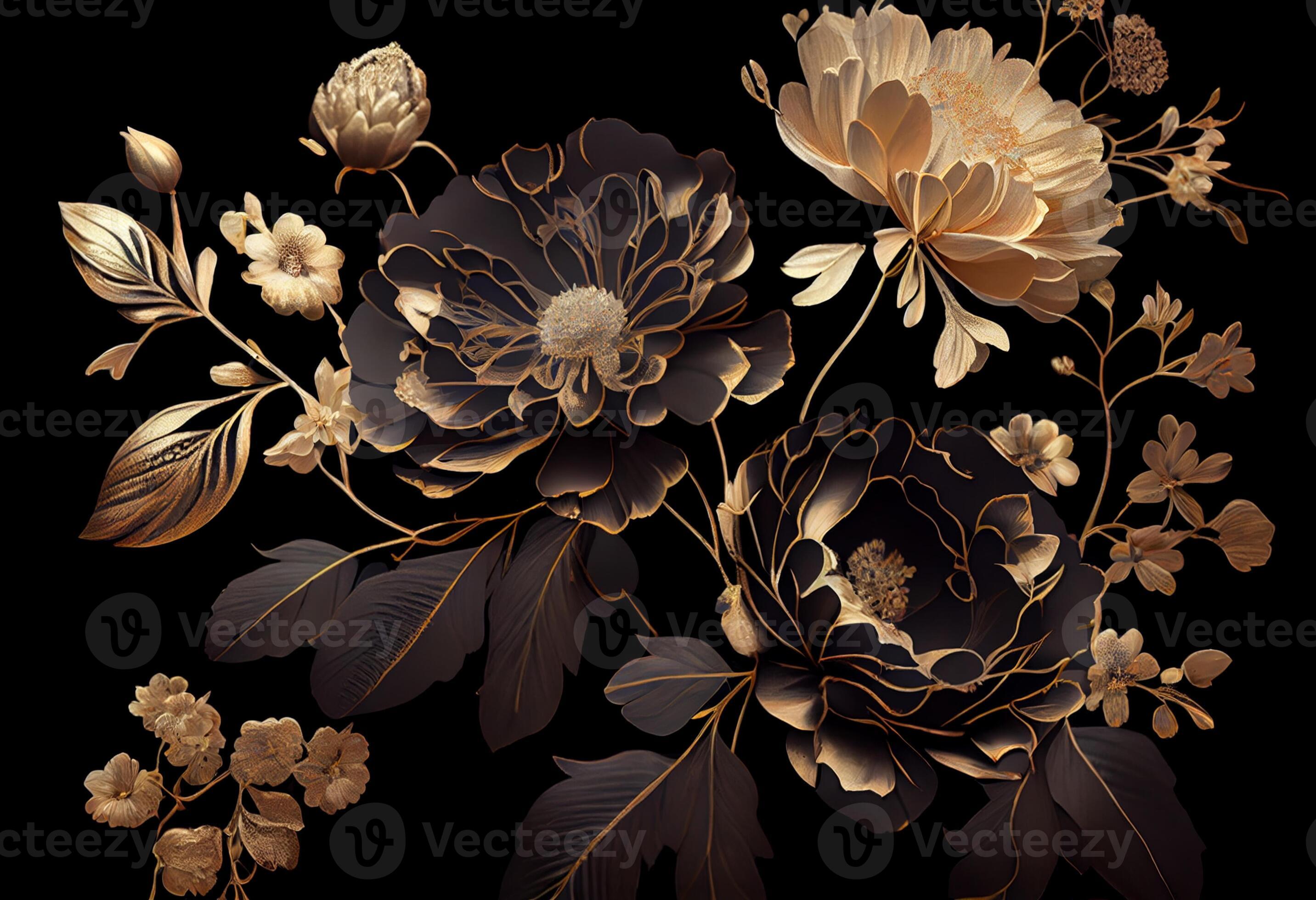 Photo golden flowers on black background elegant floral wallpaper ...