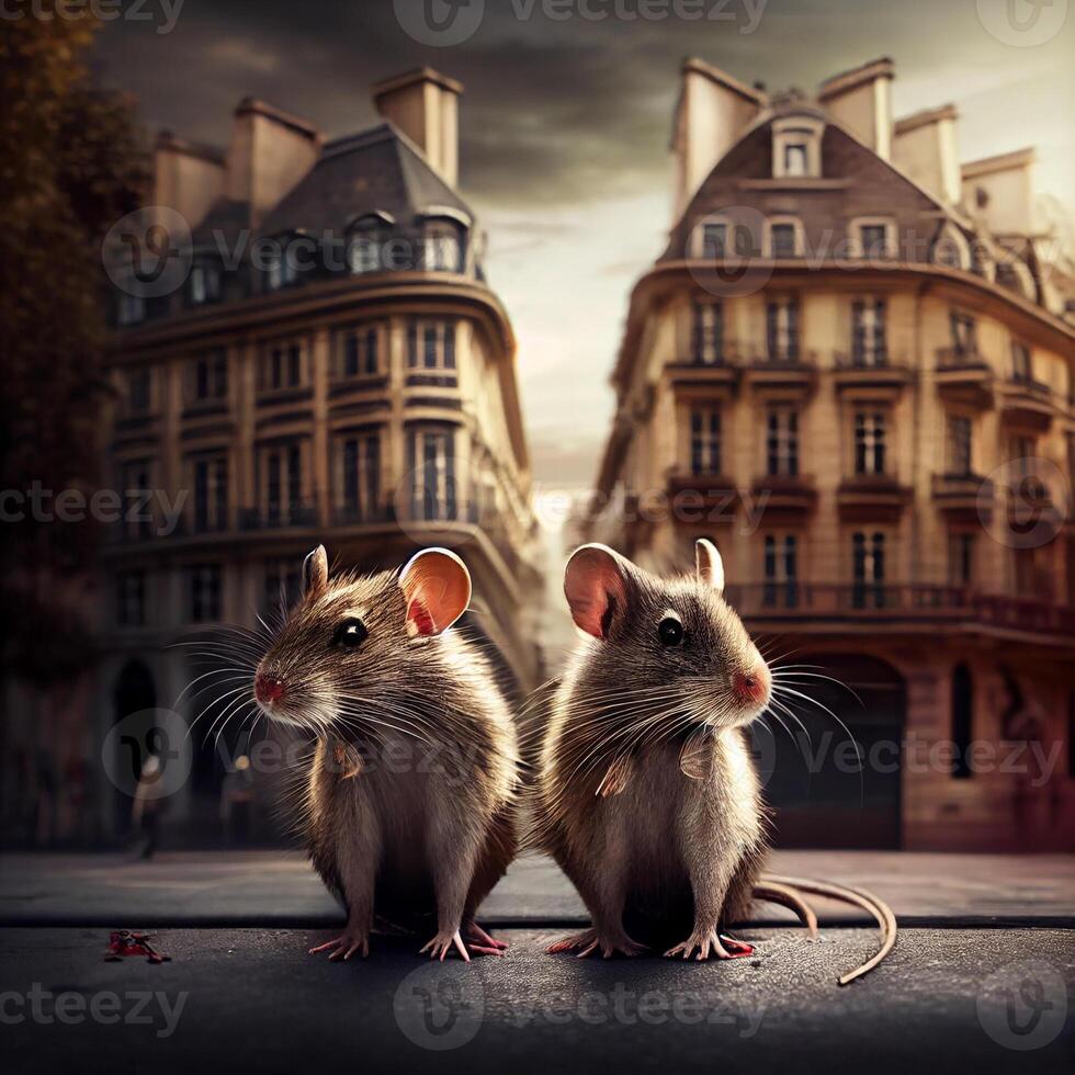 Two rats in a street of a big city. Generate Ai photo